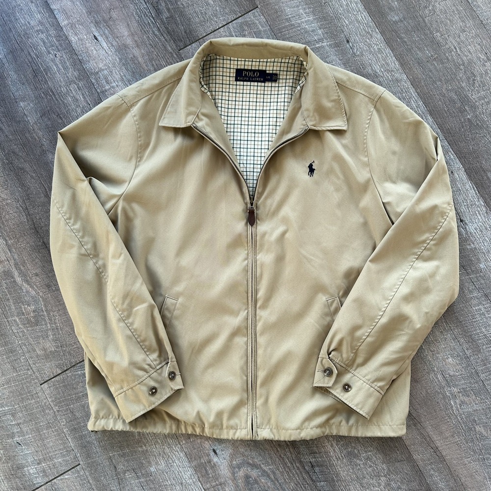 Vintage Y2K Polo Ralph Lauren Plaid Lined Harrington Jacket Size L Tan